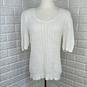 LAUREN RALPH LAUREN CROCHET KNIT SHORT SLEEVE WHITE SWEATER COTTON LINEN SZ LG